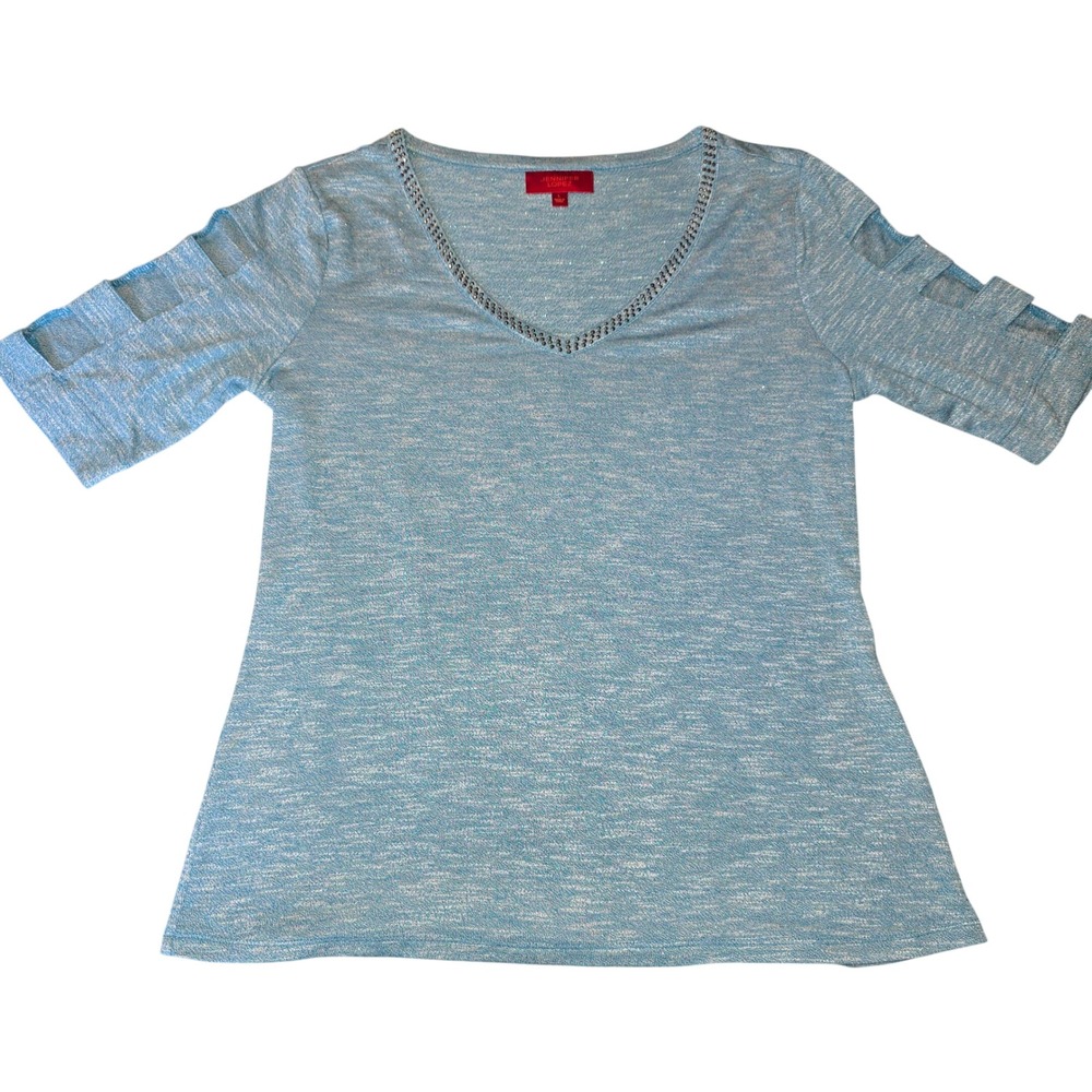 Jennifer Lopez Cold Shoulder L Aqua/Teal v-neck jeweled Sweater Short‎ Sleeve